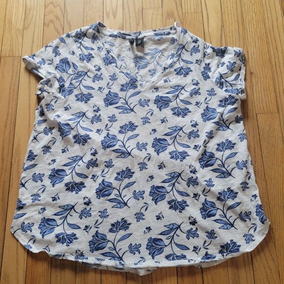 Cynthia Rowley White & Blue Floral V-Neck Short Sleeve Womens Top Size L - Picture 3 of 5